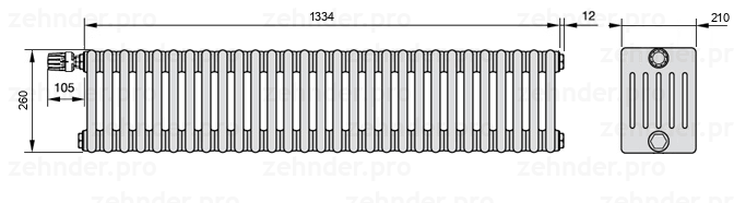 Схема (чертеж) Радиатор Zehnder Charleston 6026/29 №V011 Белый глянцевый RAL 9016